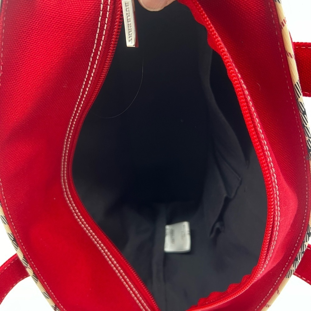 Burberry Red Canvas Tote with Plaid Accents and Top Zipper - Picture 12 of 16